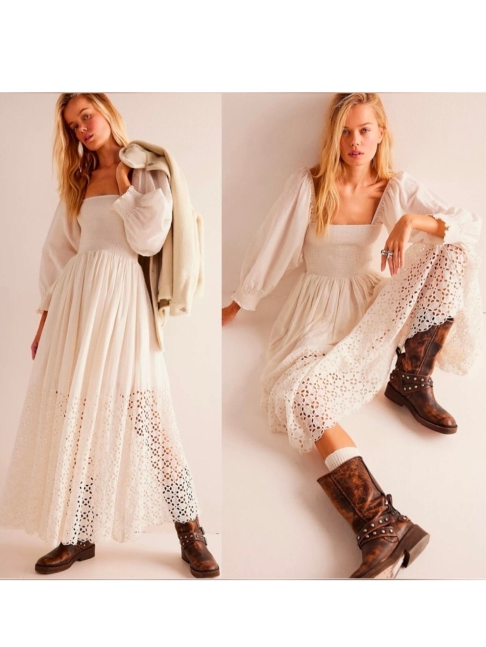 Free People Cream Eyelet Smocked Maxi Dress